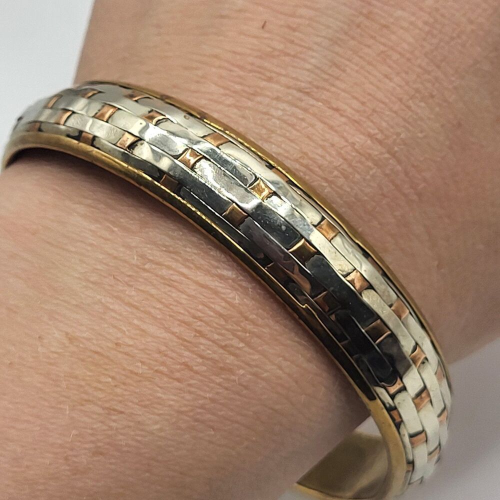 Artisan Handmade Bohemian Silver Brass Copper Bangle Bracelet 2.75in dia